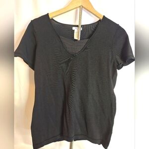 East 5th Black Textured Short Sleeve Top with Pleated V-Neck Detail | Size Med